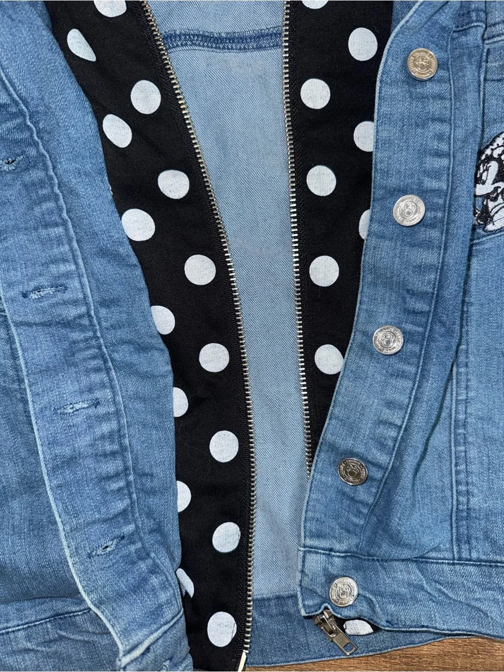 Kids Minnie Mouse Denim Jacket with Black Polka Dot Hood and sleeves